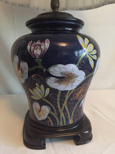 Vintage Hollywood Regency Wildwood Hand Painted Ginger Jar Lamp with waterlilies and Goldfish asian motif