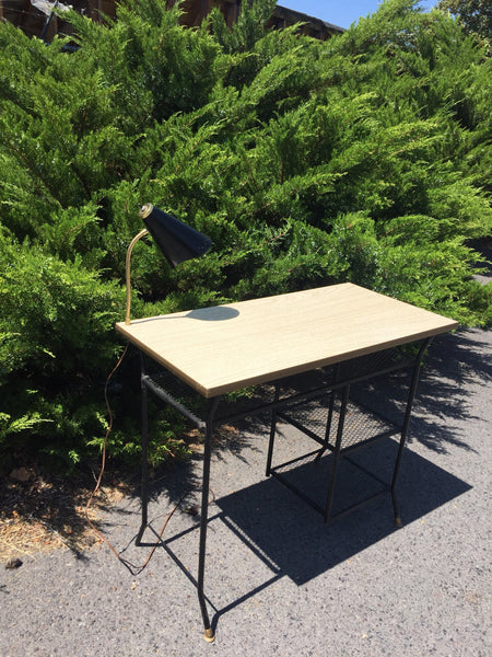 Mid Century Modern Desk Black Metal Wire by Loroman - 50's Mesh Punched Metal Formica - Gooseneck Lamp - Original