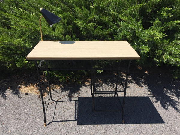 Mid Century Modern Desk Black Metal Wire by Loroman - 50's Mesh Punched Metal Formica - Gooseneck Lamp - Original