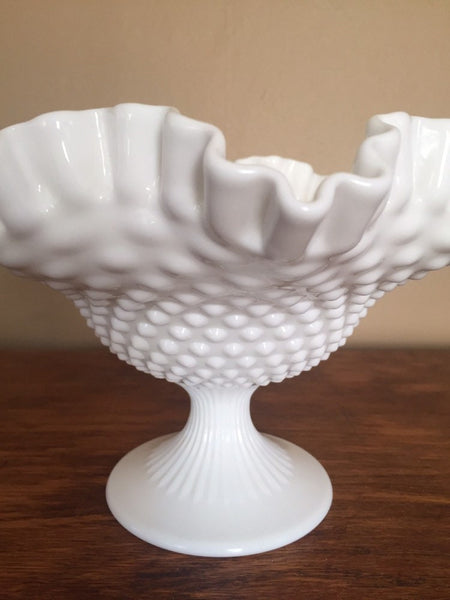 Vintage Fenton Milk Glass Footed Hobnail Ruffled Crimped Trinket Candy Dish compote Bowl Hobnail wedding gift