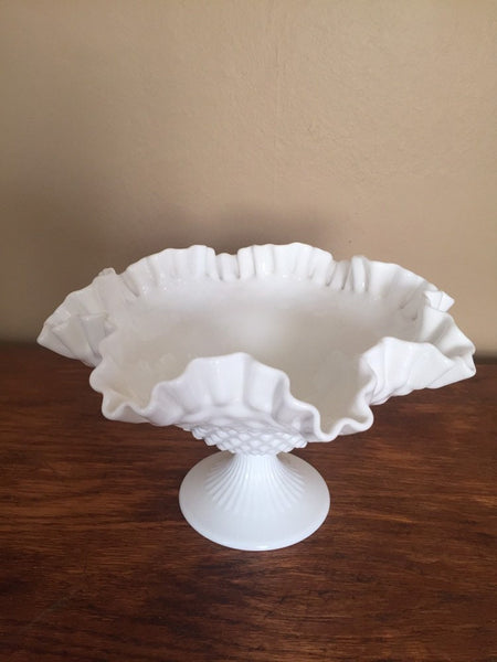 Vintage Fenton Milk Glass Footed Hobnail Ruffled Crimped Trinket Candy Dish compote Bowl Hobnail wedding gift