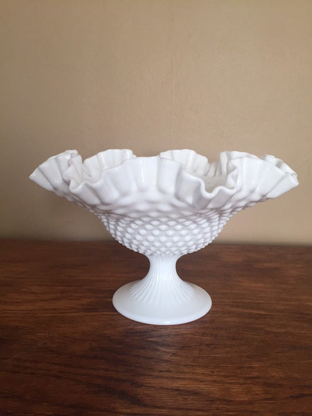 Vintage Fenton Milk Glass Footed Hobnail Ruffled Crimped Trinket Candy Dish compote Bowl Hobnail wedding gift