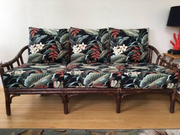 Vintage Mcguire Rattan Sofa with hawaiian style floral cushions