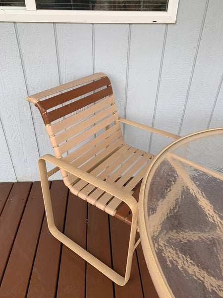 Vintage Tropitone Dining Set, 4 Patio Arm chairs with Aluminum frames and Vinyl Straps with Textured Acrylic Top Table