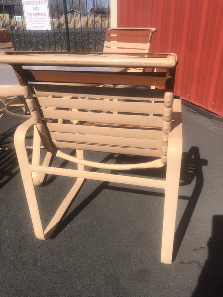 Vintage Tropitone Dining Set, 4 Patio Arm chairs with Aluminum frames and Vinyl Straps with Textured Acrylic Top Table