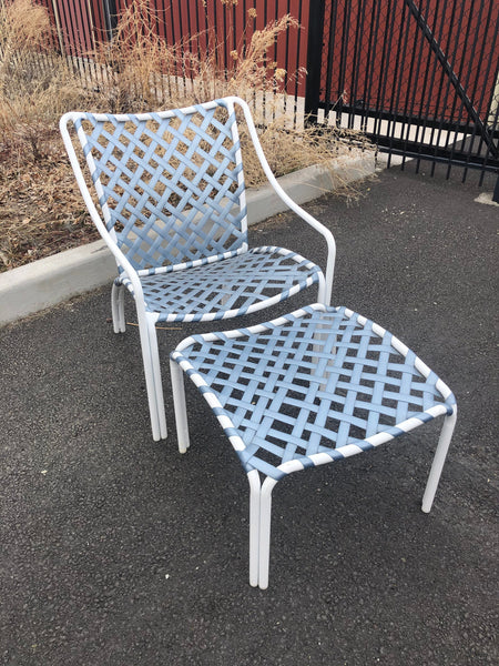 Vintage Brown Jordan Tamiami Chair with footstool - blue/white (2 available, sold separately)