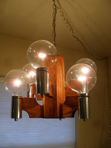 Pair of Fantastic mid century modern chrome and oak hanging swag orb pendant chandelier