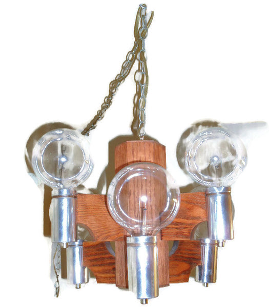 Pair of Fantastic mid century modern chrome and oak hanging swag orb pendant chandelier