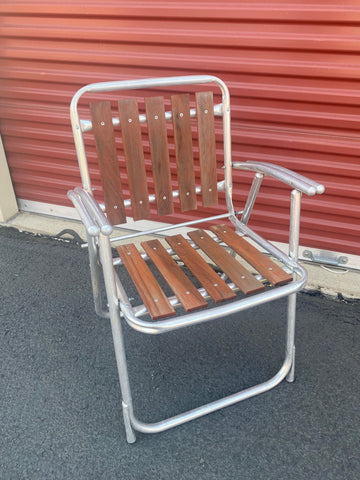 Vintage Aluminum Folding Patio Chair with Redwood slat seat and back