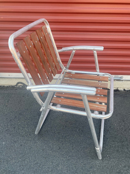 Vintage Aluminum Folding Patio Chair with Redwood slat seat and back